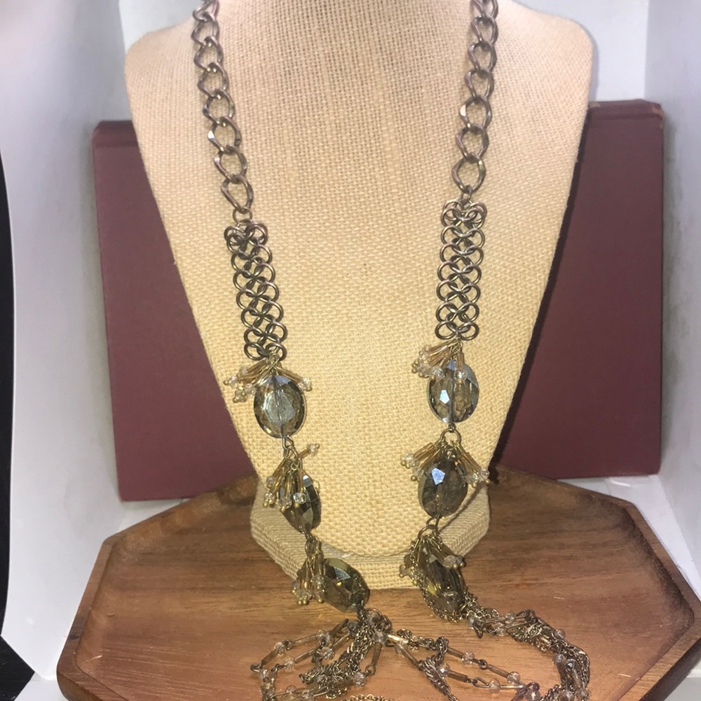 Long chain necklace with teal & clear beads